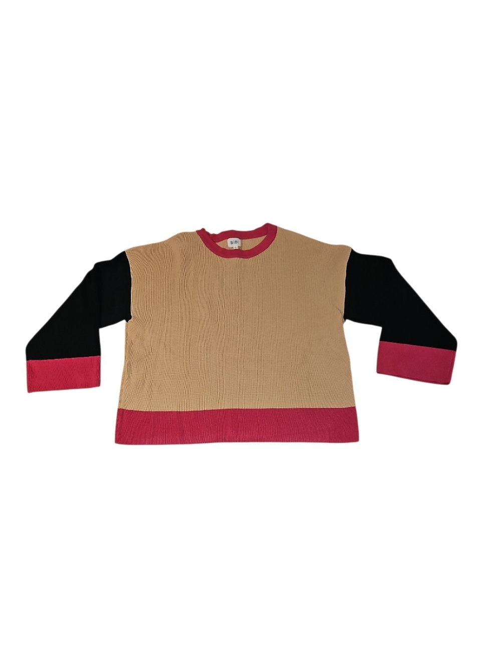 BiBi Colorblock Knit Sweater - Tan, Black & Pink, Sz L, OVERSIZED, NWOT